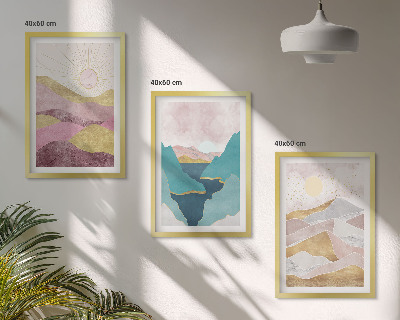 Conjunto de 3 quadros com moldura montanhas abstratas sol