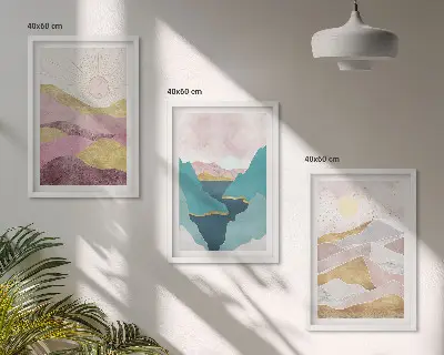 Conjunto de 3 quadros com moldura com estampa de montanhas abstratas e sol