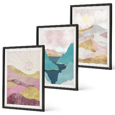 Conjunto de 3 quadros com moldura com estampa de montanhas abstratas e sol