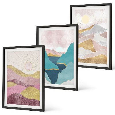 Conjunto de 3 quadros com moldura montanhas abstratas sol