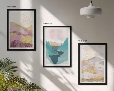Conjunto de 3 quadros com moldura com estampa de montanhas abstratas e sol