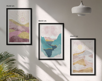 Conjunto de 3 quadros com moldura montanhas abstratas sol