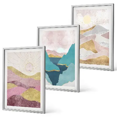 Conjunto de 3 quadros com moldura com estampa de montanhas abstratas e sol