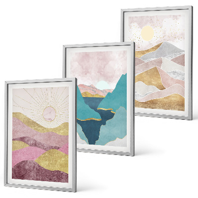 Conjunto de 3 quadros com moldura montanhas abstratas sol