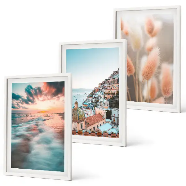 Conjunto de quadros para sala de estar casas ao pôr do sol no mar com flores