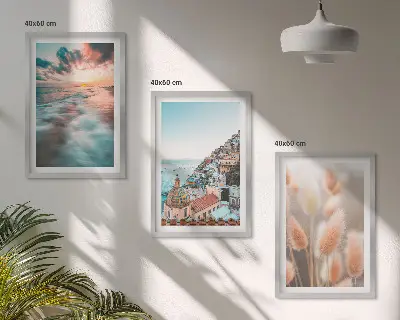 Conjunto de quadros para sala de estar casas ao pôr do sol no mar com flores