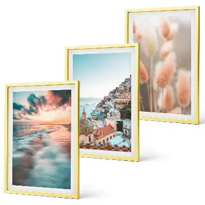 Conjunto de quadros para sala de estar casas ao pôr do sol no mar com flores