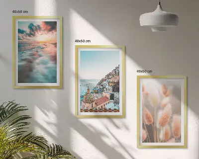 Conjunto de quadros para sala de estar casas ao pôr do sol no mar com flores