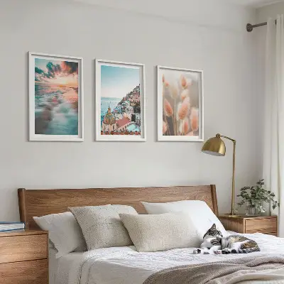 Conjunto de quadros para sala de estar casas ao pôr do sol no mar com flores