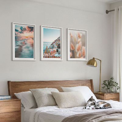 Conjunto de quadros para sala de estar casas ao pôr do sol no mar flores