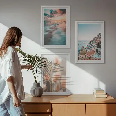 Conjunto de quadros para sala de estar casas ao pôr do sol no mar com flores
