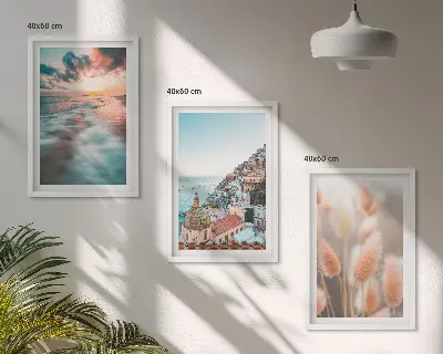 Conjunto de quadros para sala de estar casas ao pôr do sol no mar com flores