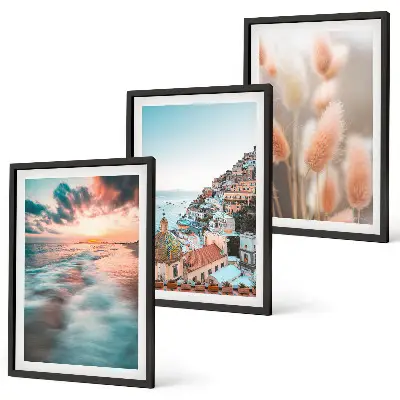 Conjunto de quadros para sala de estar casas ao pôr do sol no mar com flores