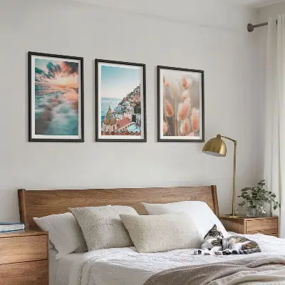 Conjunto de quadros para sala de estar casas ao pôr do sol no mar com flores