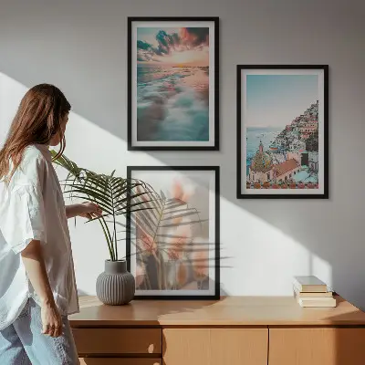 Conjunto de quadros para sala de estar casas ao pôr do sol no mar com flores