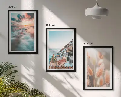 Conjunto de quadros para sala de estar casas ao pôr do sol no mar com flores
