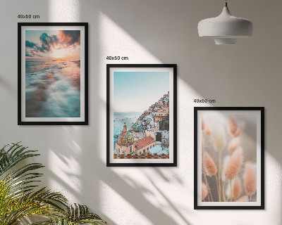 Conjunto de quadros para sala de estar casas ao pôr do sol no mar flores