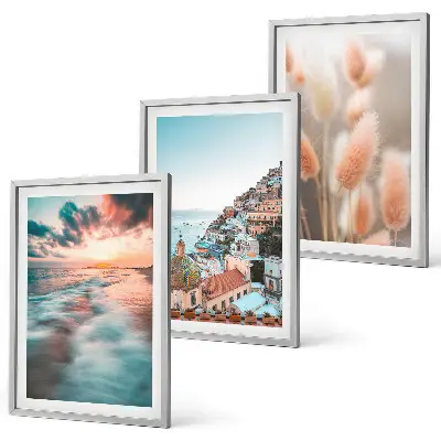 Conjunto de quadros para sala de estar casas ao pôr do sol no mar com flores