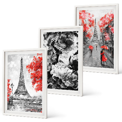 Conjunto de 3 quadros com moldura Pinturas cinzentas da Torre Eiffel