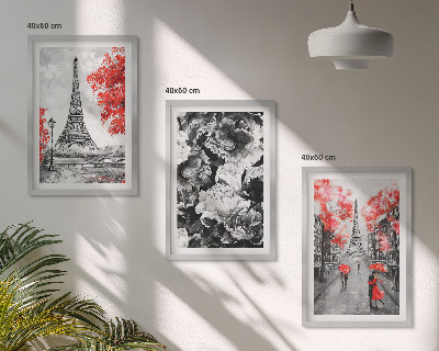 Conjunto de 3 quadros com moldura Pinturas cinzentas da Torre Eiffel