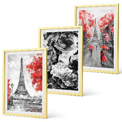 Conjunto de 3 quadros com moldura Pinturas cinzentas da Torre Eiffel