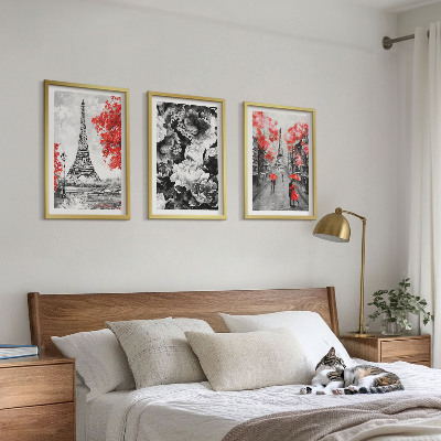 Conjunto de 3 quadros com moldura Pinturas cinzentas da Torre Eiffel