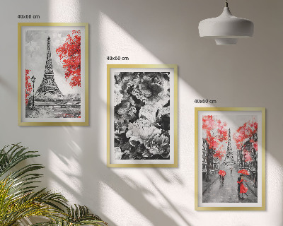 Conjunto de 3 quadros com moldura Pinturas cinzentas da Torre Eiffel