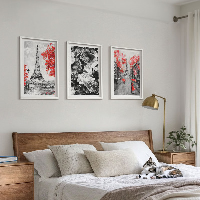 Conjunto de 3 quadros com moldura Pinturas cinzentas da Torre Eiffel
