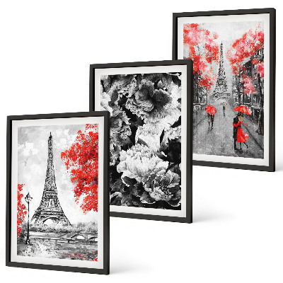 Conjunto de 3 quadros com moldura Pinturas cinzentas da Torre Eiffel