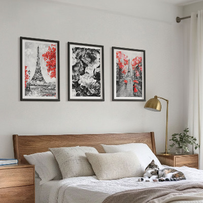 Conjunto de 3 quadros com moldura Pinturas cinzentas da Torre Eiffel