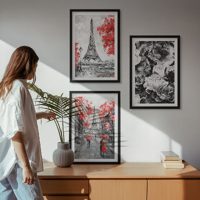 Conjunto de 3 quadros com moldura Pinturas cinzentas da Torre Eiffel