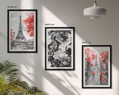 Conjunto de 3 quadros com moldura Pinturas cinzentas da Torre Eiffel