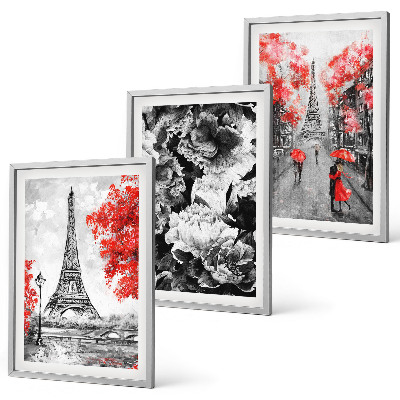 Conjunto de 3 quadros com moldura Pinturas cinzentas da Torre Eiffel