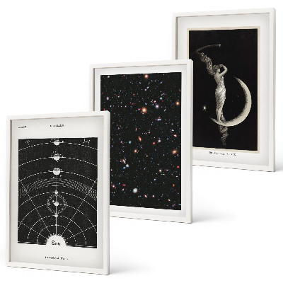 Conjunto de 3 quadros com moldura figura noturna do sistema solar