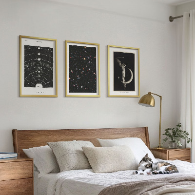 Conjunto de 3 quadros com moldura figura noturna do sistema solar