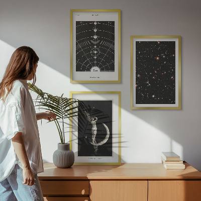 Conjunto de 3 quadros com moldura figura noturna do sistema solar