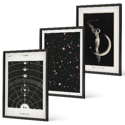 Conjunto de 3 quadros com moldura figura noturna do sistema solar