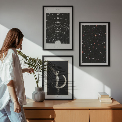 Conjunto de 3 quadros com moldura figura noturna do sistema solar