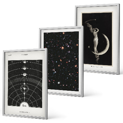 Conjunto de 3 quadros com moldura figura noturna do sistema solar