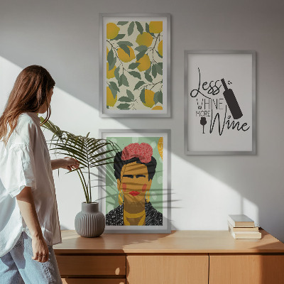 Conjunto de quadros para sala de estar Retrato de Frida com vinho de limão