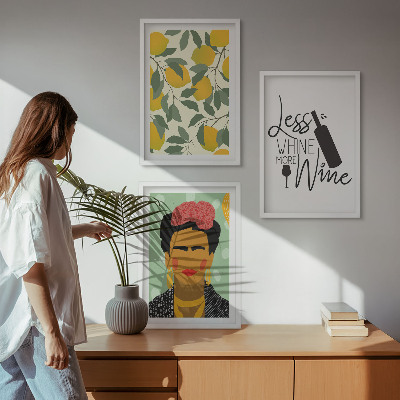 Conjunto de quadros para sala de estar Retrato de Frida com vinho de limão