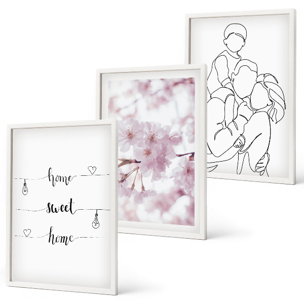 Conjunto de 3 quadros com moldura Família de flores minimalista