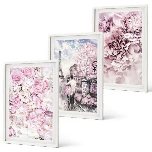 Conjunto de quadros para sala de estar com flores em tons de rosa na paisagem