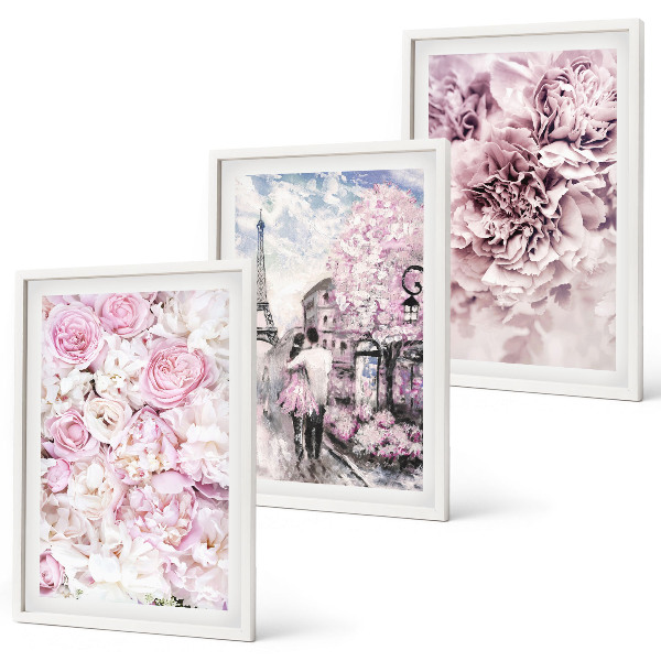 Conjunto de quadros para sala de estar Flores em tons de rosa na paisagem