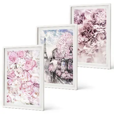 Conjunto de quadros para sala de estar com flores em tons de rosa na paisagem