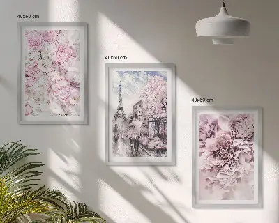 Conjunto de quadros para sala de estar com flores em tons de rosa na paisagem