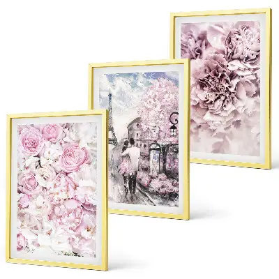 Conjunto de quadros para sala de estar com flores em tons de rosa na paisagem