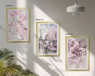 Conjunto de quadros para sala de estar com flores em tons de rosa na paisagem