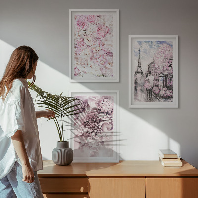 Conjunto de quadros para sala de estar Flores em tons de rosa na paisagem