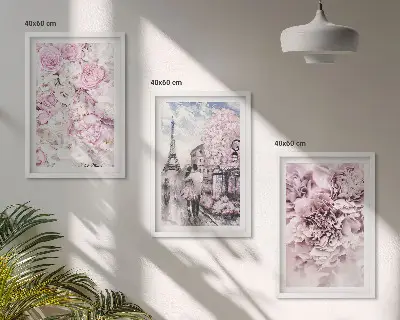 Conjunto de quadros para sala de estar com flores em tons de rosa na paisagem